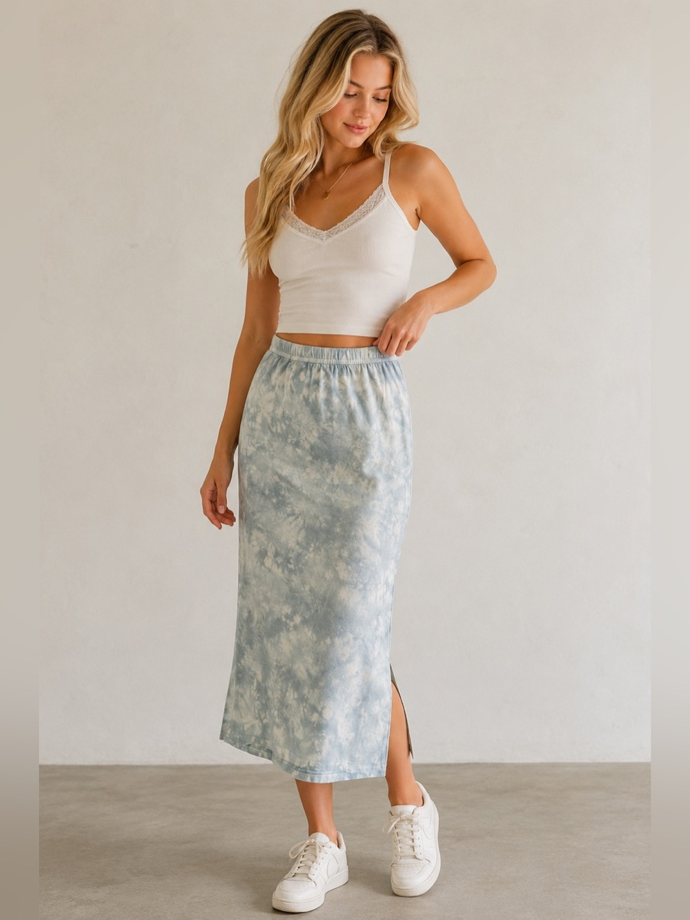 NWT Zara Blue Tie-Dye Back Slit Midi Skirt Size Small